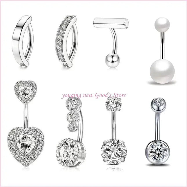 57QA Versatile Belly Button Rings Set of 8 Stainless Steel Navel Rings Body Piercing