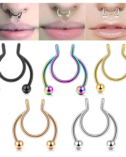Women Colorful Fake Septum Jewelry Nose Ring Non Piercing Stainless Steel