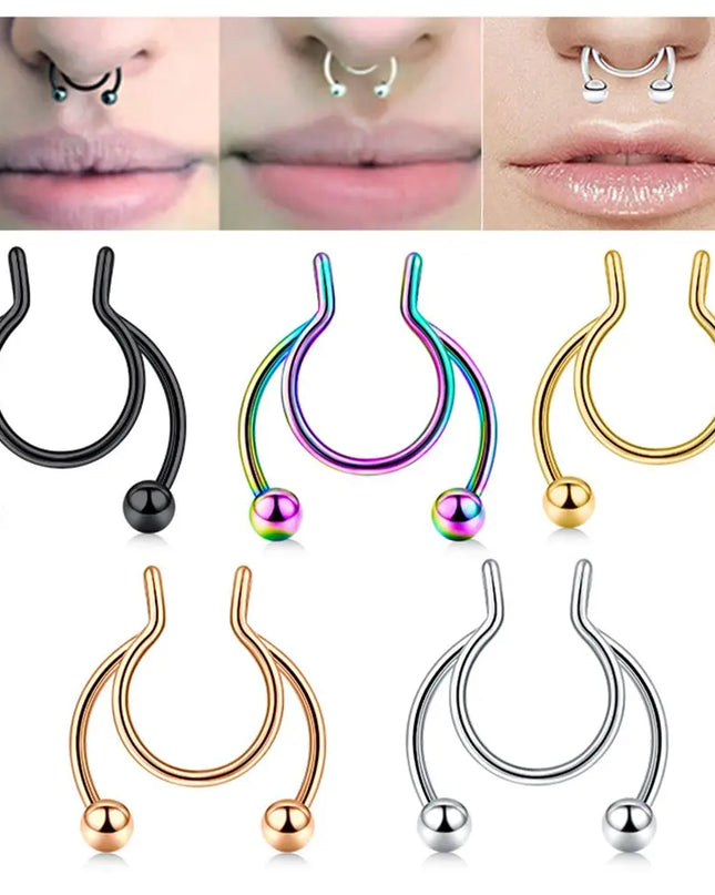 Women Colorful Fake Septum Jewelry Nose Ring Non Piercing Stainless Steel