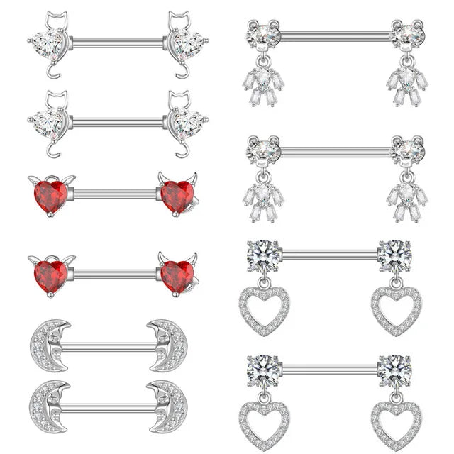 Stainless Steel Heart Nipple Piercing Rings Sets 14G Crystal Tongue Ring Nipple Barbell Lot Sexy Piercing Nipple Body Jewelry