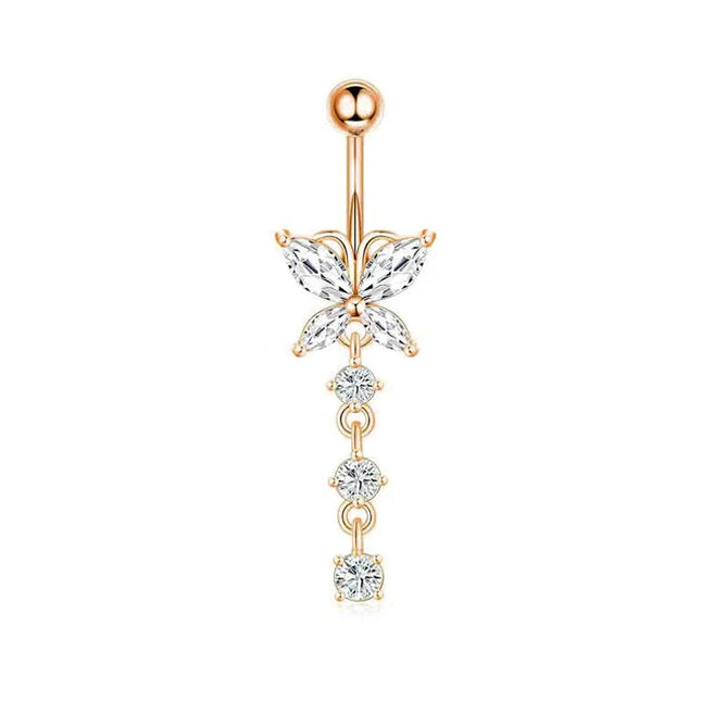 Dangle Belly Button Rings, 14G 316L Stainless Surgical Steel Cubic Zirconia Butterfly Heart Navel Ring Piercing Jewelry Barbells