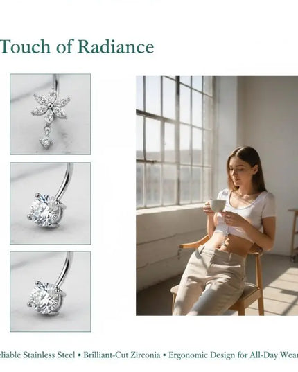 1 Pcs Stainless Steel Belly Button Rings With Shiny Butterfly Flower Dangle For Daily Wear Beach Party Piercing Jewelry Gift