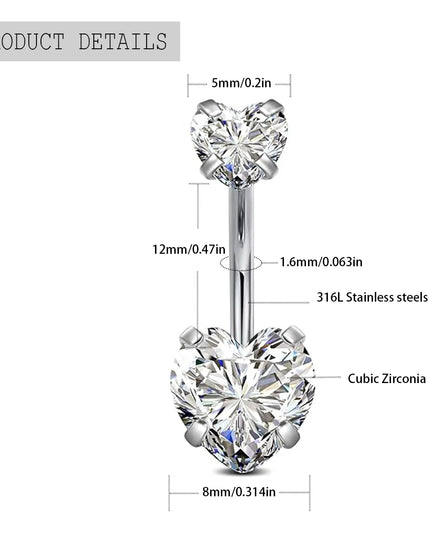 Surgical Steel Round Heart CZ Navel Belly Button Ring Piercing for women 14G Pink Purple White Zircon Belly Piercing Jewelry