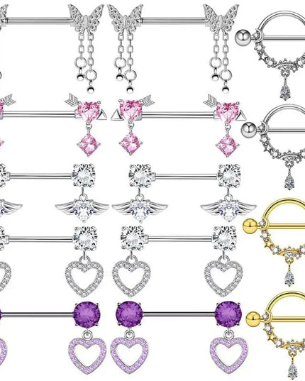 2 Pcs Stainless Steel Pink Nipple Piercing Jewelry Heart Wings Niplple Barbell Moon Devil Nipple Rings Body Piercing Pezon Mujer