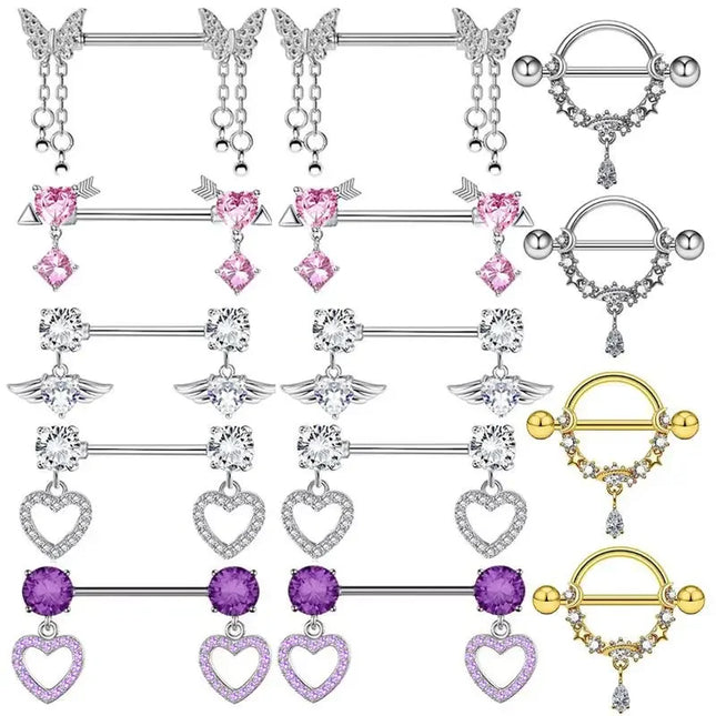 2 Pcs Stainless Steel Pink Nipple Piercing Jewelry Heart Wings Niplple Barbell Moon Devil Nipple Rings Body Piercing Pezon Mujer