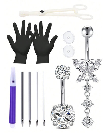 Belly Piercing Kit 12Pcs Belly Button Piercing Kit Includes 2Pcs 14G Belly Button Rings 1Pc Piercing Clamp 4Pc Piercing Needles