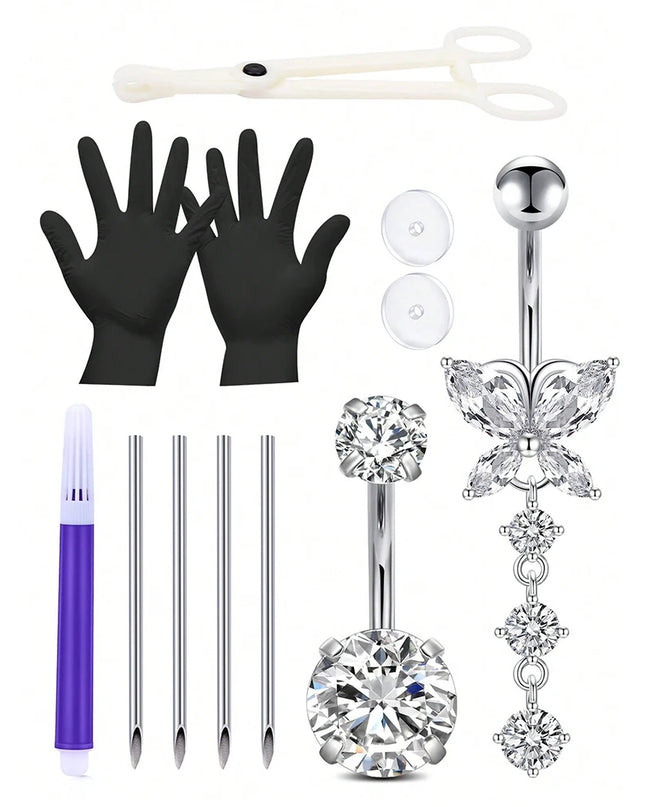 Belly Piercing Kit 12Pcs Belly Button Piercing Kit Includes 2Pcs 14G Belly Button Rings 1Pc Piercing Clamp 4Pc Piercing Needles