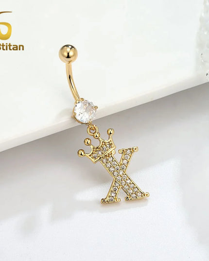 A-Z 26 Letter Initial Belly Button Rings 14G Titanium Curved Barbell Golden Zircon Navel Piercing Body Jewelry Women Accessories