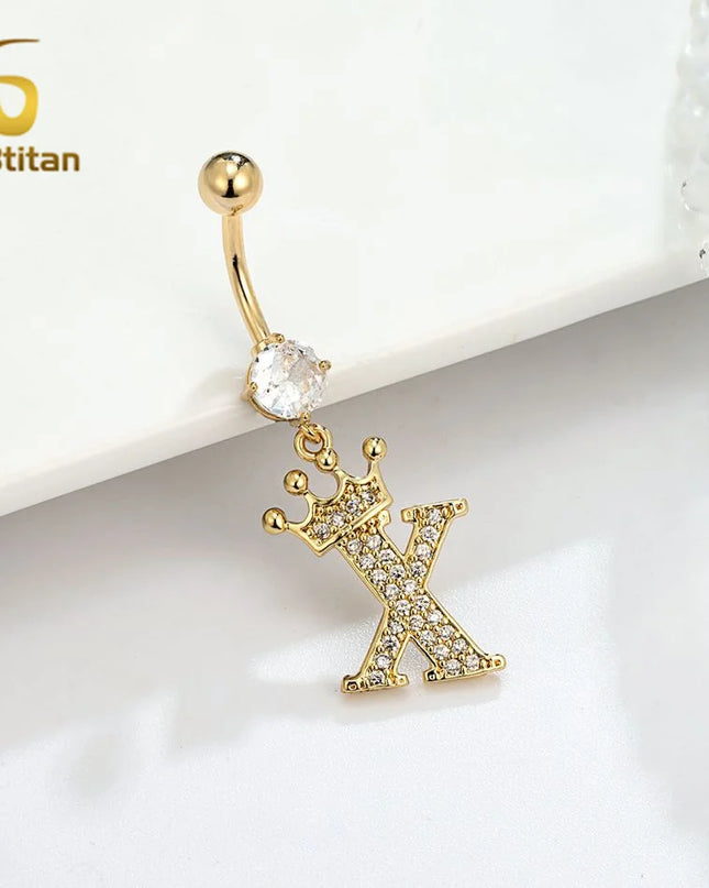 A-Z 26 Letter Initial Belly Button Rings 14G Titanium Curved Barbell Golden Zircon Navel Piercing Body Jewelry Women Accessories