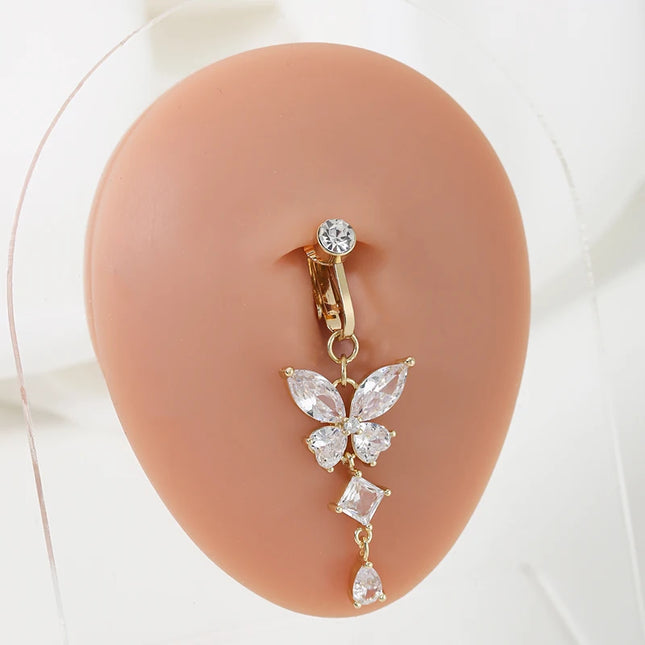 Clip On Belly Button Ring Butterfly Shape Copper Zircon Fake Belly Piercing Umbilical Navel Body Jewelry Trendy Fashion Style