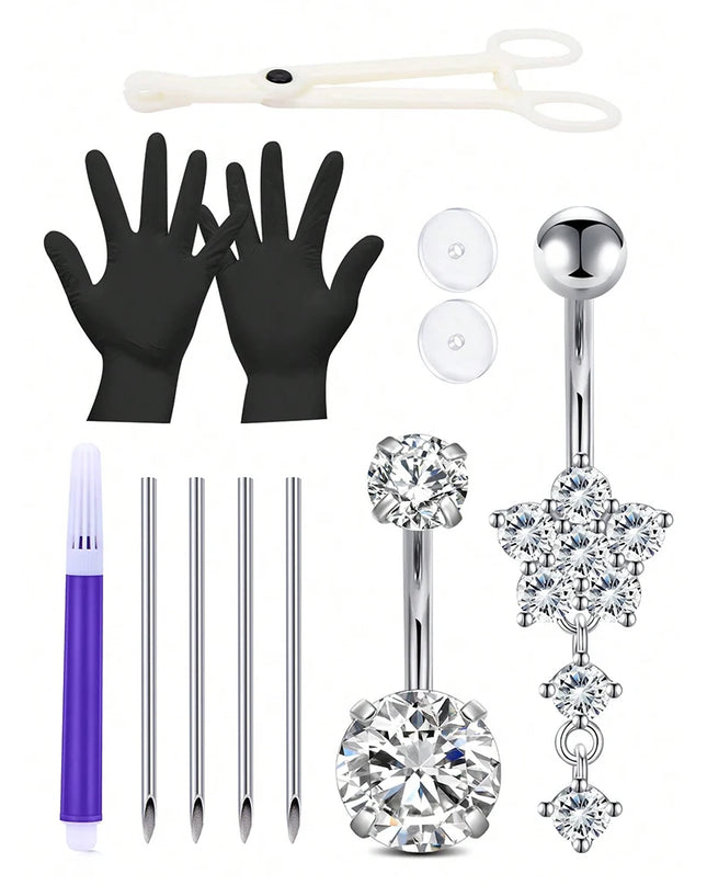 Belly Piercing Kit 12Pcs Belly Button Piercing Kit Includes 2Pcs 14G Belly Button Rings 1Pc Piercing Clamp 4Pc Piercing Needles