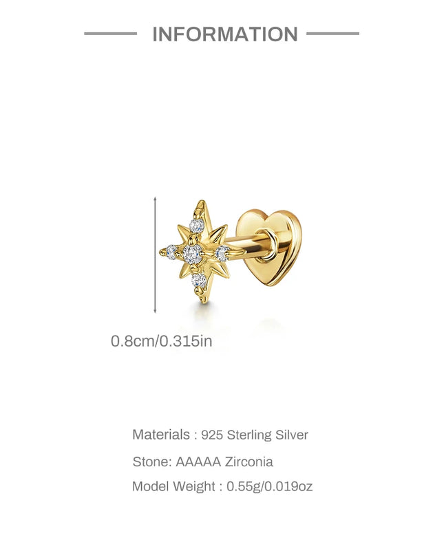 AIDE Heart Round Ball Flat Helix Piercing Earring 925 Sterling Silver Ear Studs Geometric Zircon Exquisite Trinket Studs Aretes