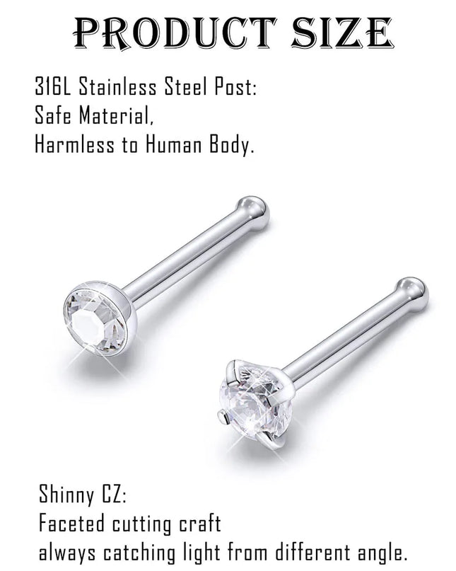 Nose Rings 2pcs 20G Surgical Steel Piercing Jewelry Straight Screw Clear CZ Nose Piercing Jewelry Silver Nostril Ring