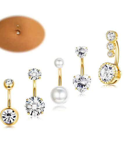 Elegant 14G Stainless Steel Belly Button Ring Set for Women Sparkling Cubic Zirconia Pearl Inlays for Daily Wear Navel Jewelry
