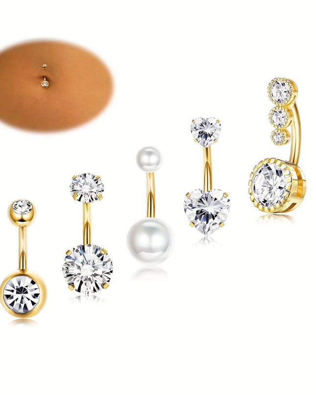 Elegant 14G Stainless Steel Belly Button Ring Set for Women Sparkling Cubic Zirconia Pearl Inlays for Daily Wear Navel Jewelry