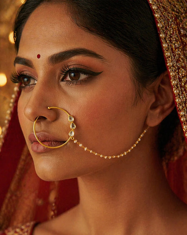 Indian Pearl Round Nose Chain Rings No Pierceing Accessories Punk Geometric Zircon Nose Clip Earrings Wedding for Women Gifts