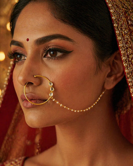 Indian Pearl Round Nose Chain Rings No Pierceing Accessories Punk Geometric Zircon Nose Clip Earrings Wedding for Women Gifts