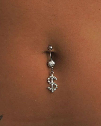 Hip Hop Dollar Belly Button Nail Rings Stainless Steel Anti Allergy Punk Rhinestone Dangle Belly Piercing Jewelry For Women Gift