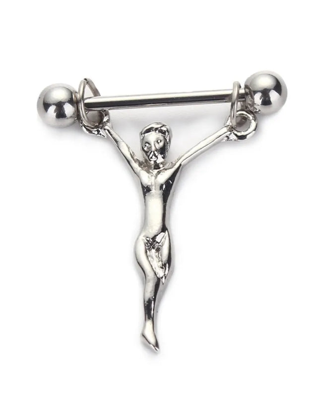 WKOUD 1Pc Stainless Steel Nipple Piercing Statue Jesus Nipple Barbells Chains Statue Of Jesus Nipple Shields Bars Body Jewelry