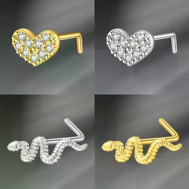 L Shaped Nose Studs Rings Cute Heart Moon Shiny Zircon Gold Silver Color Nose Piercing For Women Girl Nostril Jewelry