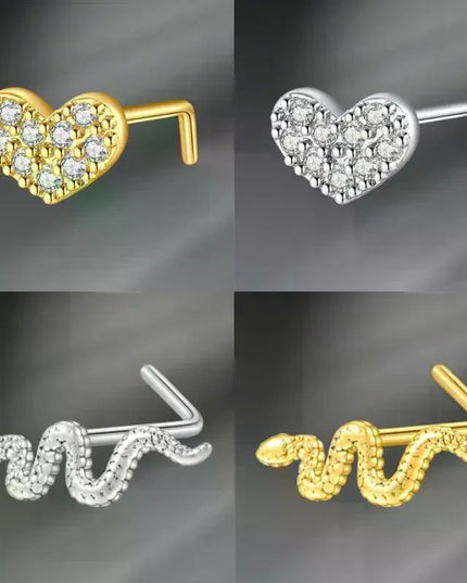 L Shaped Nose Studs Rings Cute Heart Moon Shiny Zircon Gold Silver Color Nose Piercing For Women Girl Nostril Jewelry