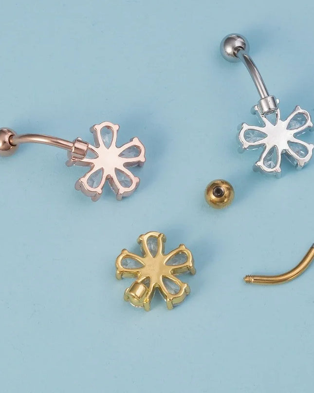 Beach Simple Belly Button Rings Crystal Flower Navel Ring Stainless Steel Zircon Body Piercing Jewelry Sexy