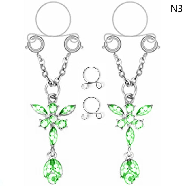 1 Pair New Fake Nipple Ring Sexy Tassel Crystal Butterfly Pendant For Women Girls Adjustable Faux Nipple Piercing Body Jewelry