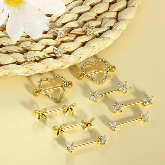 Nipple Piercing Jewelry 14G Stainless Steel Nipple Rings for Women Heart Butterfly Flower Bow Nipple Barbells