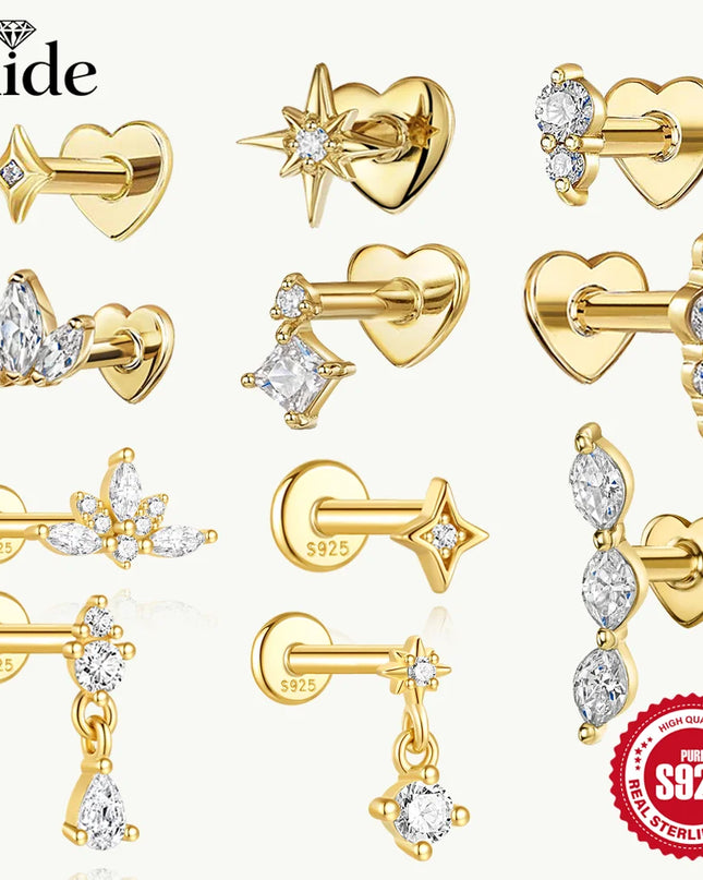 AIDE Heart Round Ball Flat Helix Piercing Earring 925 Sterling Silver Ear Studs Geometric Zircon Exquisite Trinket Studs Aretes