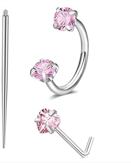 6/2pcs Horseshoe Nose Rings With L-Shape Nose Stud, Stainless Steel Rianbow CZ Nose Ring,, Lip Eyebrow Helix Ear Piercing