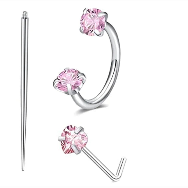 6/2pcs Horseshoe Nose Rings With L-Shape Nose Stud, Stainless Steel Rianbow CZ Nose Ring,, Lip Eyebrow Helix Ear Piercing
