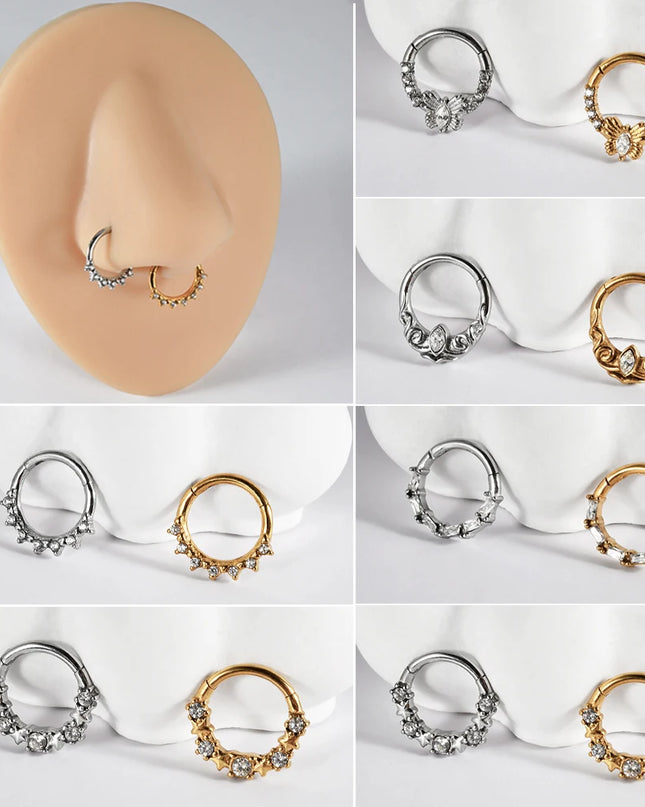 Stainless Steel Hinged Star Septum Clicker Nose Hoop Ring Flower Ear Tragus Stud Catilage Daith Helix CZ Earrings Piercing 16G