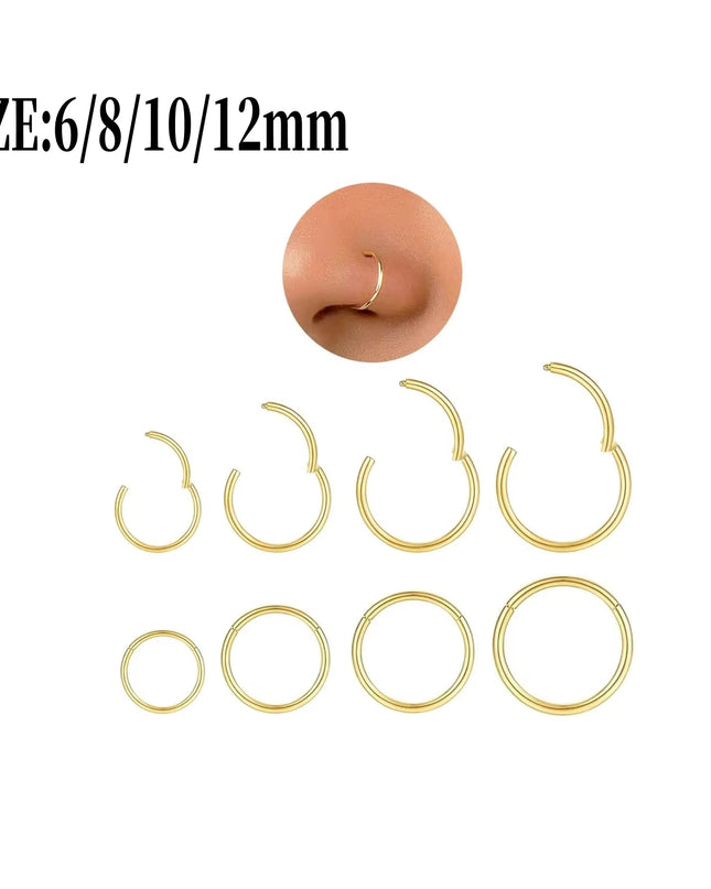 18G gold nose ring for men and women, hinged clicker septum ring for nose/cartilage/body piercing jewelry, 6mm/8mm/10mm/12mm