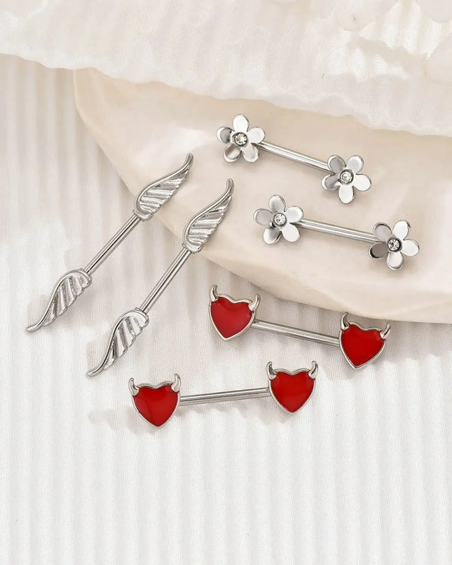 2pcs Angel Wings Nipple Piercing 14G Flower Heart Daemon Oxhead Shield Bar Barbell Nipple Ring Nombril Breast Cover Jewelry