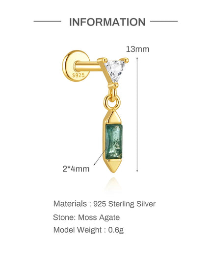Aide 1PC 925 Sterling Silver 18K Gold Threaded Piercing Earring Women Ins Green Red Colors Zircon  Ear Bone Nail Gift Jewelry