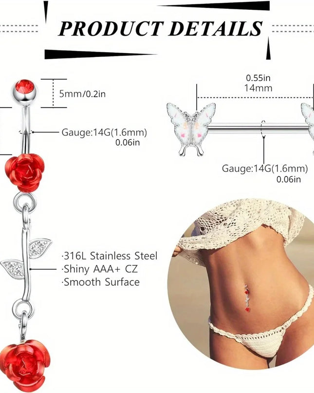 Drperfect Stainless Steel Nipple Rings Belly Button Rings for Women Butterfly Nipple Rings Belly Ring  Nipple Piercing Jewelry