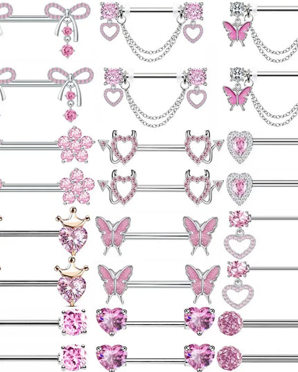 1Pair Pink Butterfly Nipple Piercing Jewelry Shiny Crystal Nipple Rings For Women Girls Heart Nipple Barbells Piercing Pezon