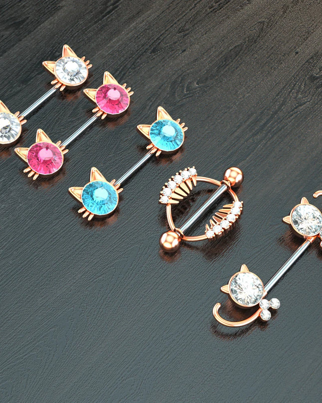 2pcs Lettering Sexy Nipple Piercing Jewelry Buttefly Cat Flower Dangled Stainless Steel Nipple Rings for Women Girls 1.6*16mm