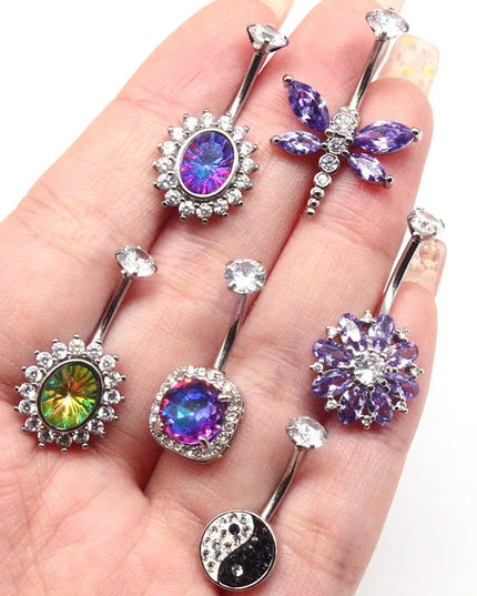 Fashion Crystal Belly Piercing Navel Ring Body Accessories Trigrams Flower Belly Button Piercing Ombligo Studs Jewelry