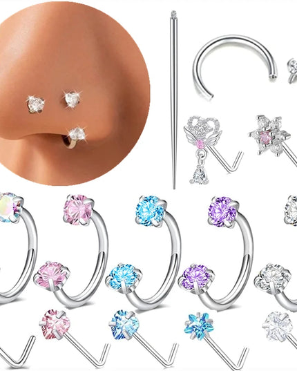 6/2pcs Horseshoe Nose Rings With L-Shape Nose Stud, Stainless Steel Rianbow CZ Nose Ring,, Lip Eyebrow Helix Ear Piercing