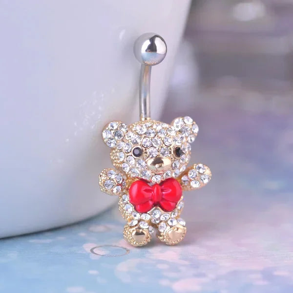 Blucome Red Bow Tie Little Bear Belly Button Rings Body Piercing Jewelry Women 316L Surgical Steel Piercing 14G 1.6mm Bar