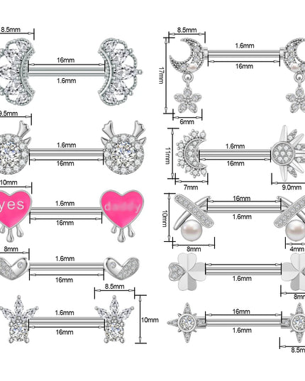 2pcs Lettering Sexy Nipple Piercing Jewelry Buttefly Cat Flower Dangled Stainless Steel Nipple Rings for Women Girls 1.6*16mm