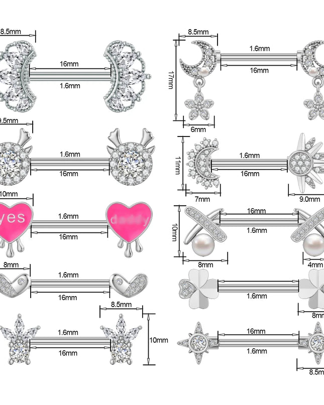 2pcs Lettering Sexy Nipple Piercing Jewelry Buttefly Cat Flower Dangled Stainless Steel Nipple Rings for Women Girls 1.6*16mm