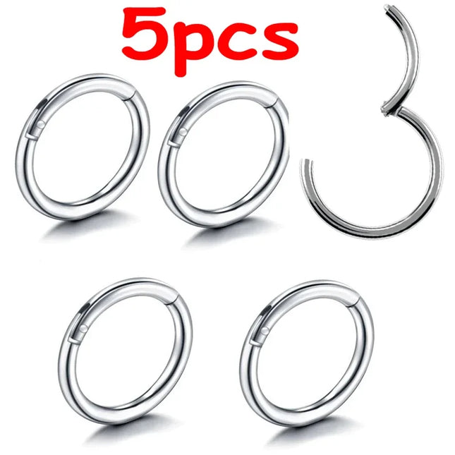 5pc Nose Rings Hoop Hinged Clicker Segment Nose Rings Ear Cartilage Ring Clip Stainless Steel Ear Nose Ring Body Jewelry Gift