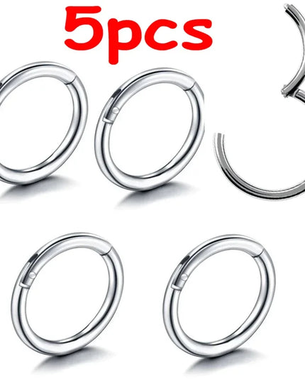 5pc Nose Rings Hoop Hinged Clicker Segment Nose Rings Ear Cartilage Ring Clip Stainless Steel Ear Nose Ring Body Jewelry Gift