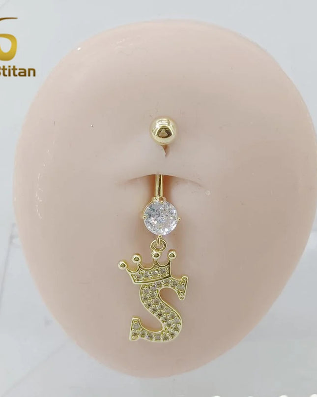 A-Z 26 Letter Initial Belly Button Rings 14G Titanium Curved Barbell Golden Zircon Navel Piercing Body Jewelry Women Accessories