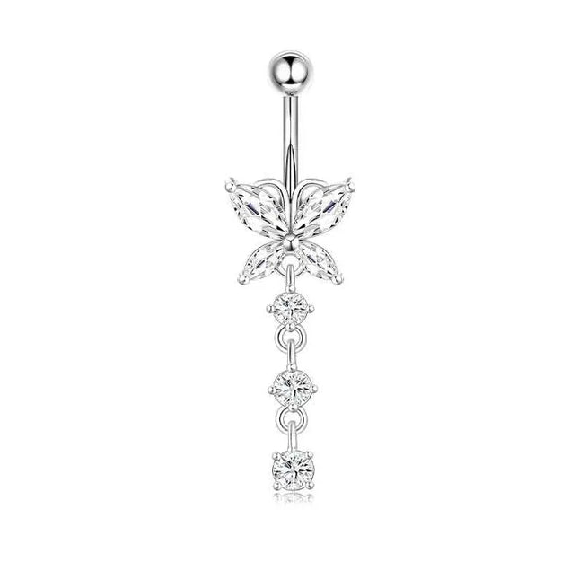 Dangle Belly Button Rings, 14G 316L Stainless Surgical Steel Cubic Zirconia Butterfly Heart Navel Ring Piercing Jewelry Barbells