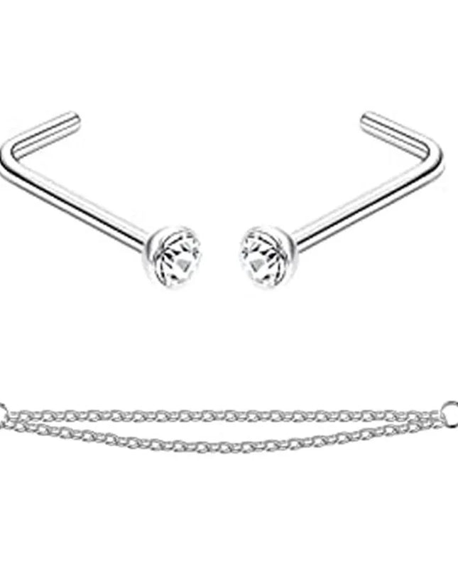 Nose Rings Chain Piercing Across Double with Chain Studs with Chain 20G Piercing Stud Nostril Jewelry for Women Men