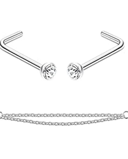 Nose Rings Chain Piercing Across Double with Chain Studs with Chain 20G Piercing Stud Nostril Jewelry for Women Men