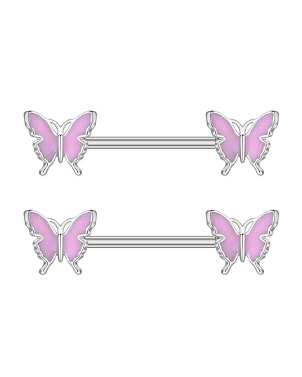 2pcs Lettering Sexy Nipple Piercing Jewelry Buttefly Cat Flower Dangled Stainless Steel Nipple Rings for Women Girls 1.6*16mm